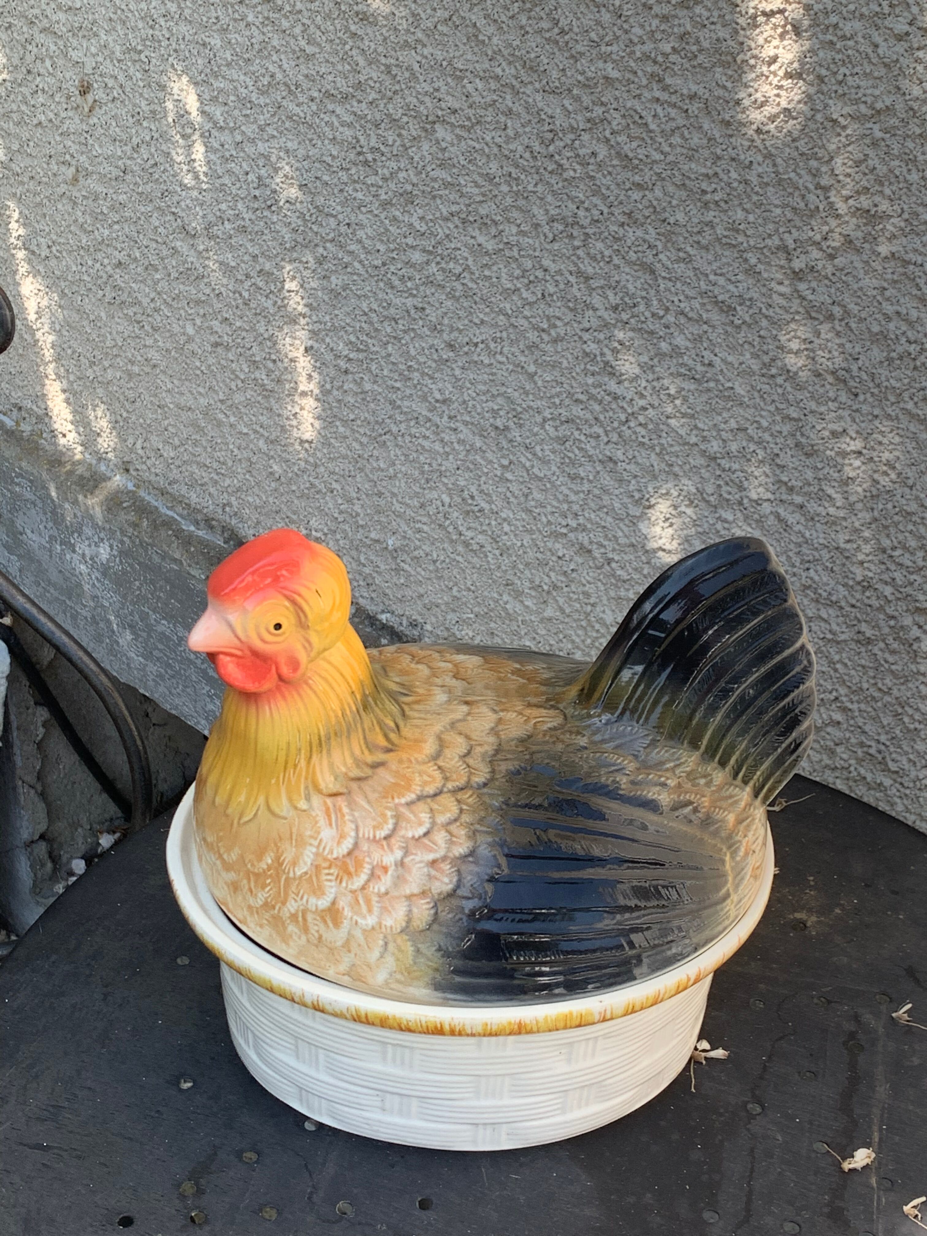 Terrine hen in slurry, vintage glazed ceramic