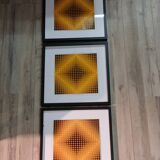 Optical Art Triptych - 3 Vintage Paintings - Victor Vasarely - Frames