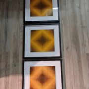 Optical Art Triptych - 3 Vintage Paintings - Victor Vasarely - Frames