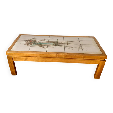 Table basse de salon vintage orme et ceramique
