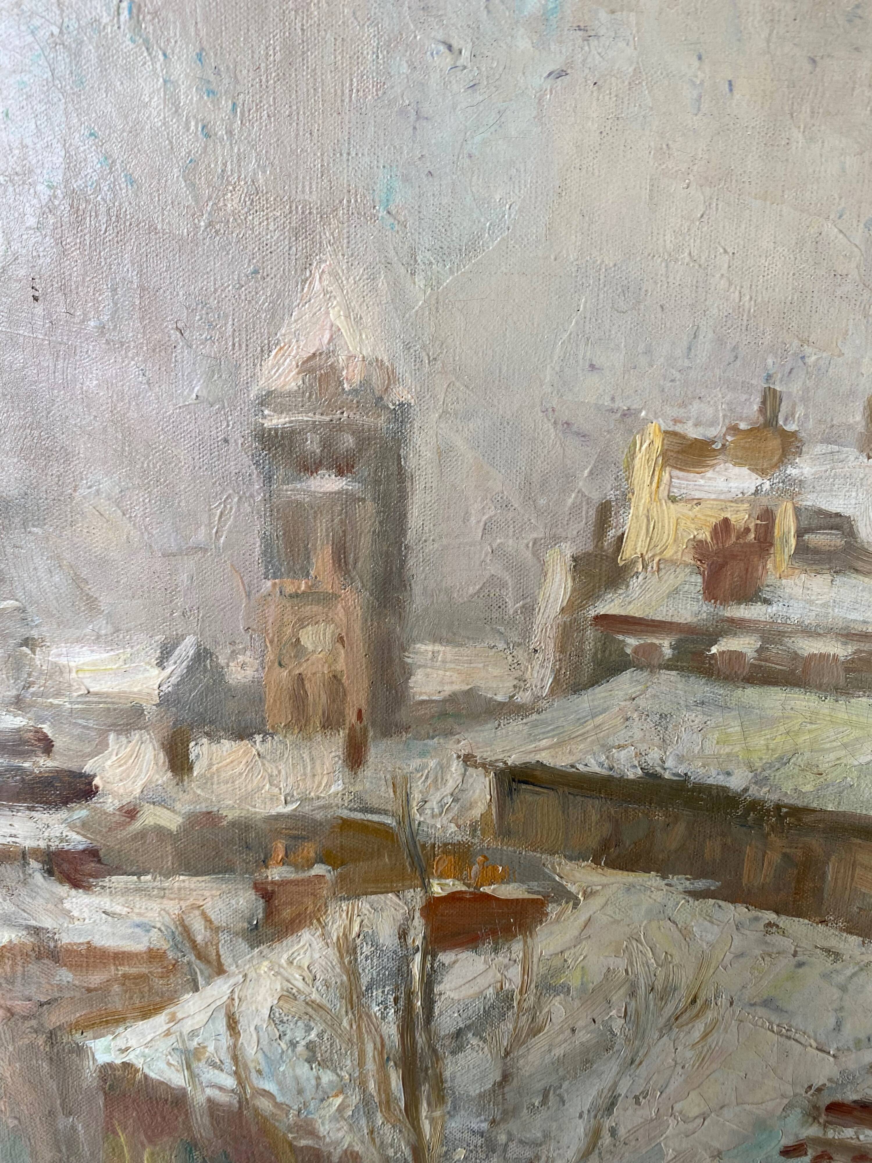 Painting by Jules Merle1939 "The roofs of snowy Paris" Notre Dame des Champs