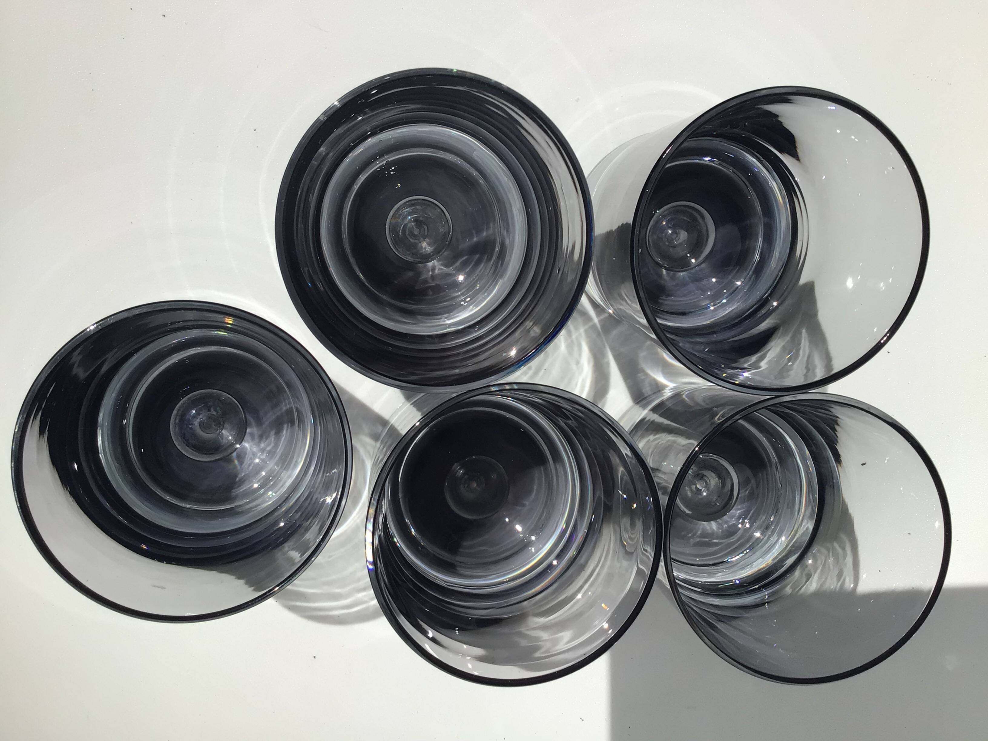 5 70's large bubble black smoked whiskey glasses