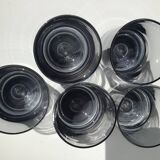 5 70's large bubble black smoked whiskey glasses