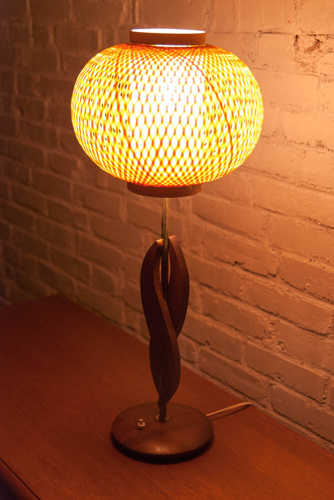 Teak brass and rattan table lamp