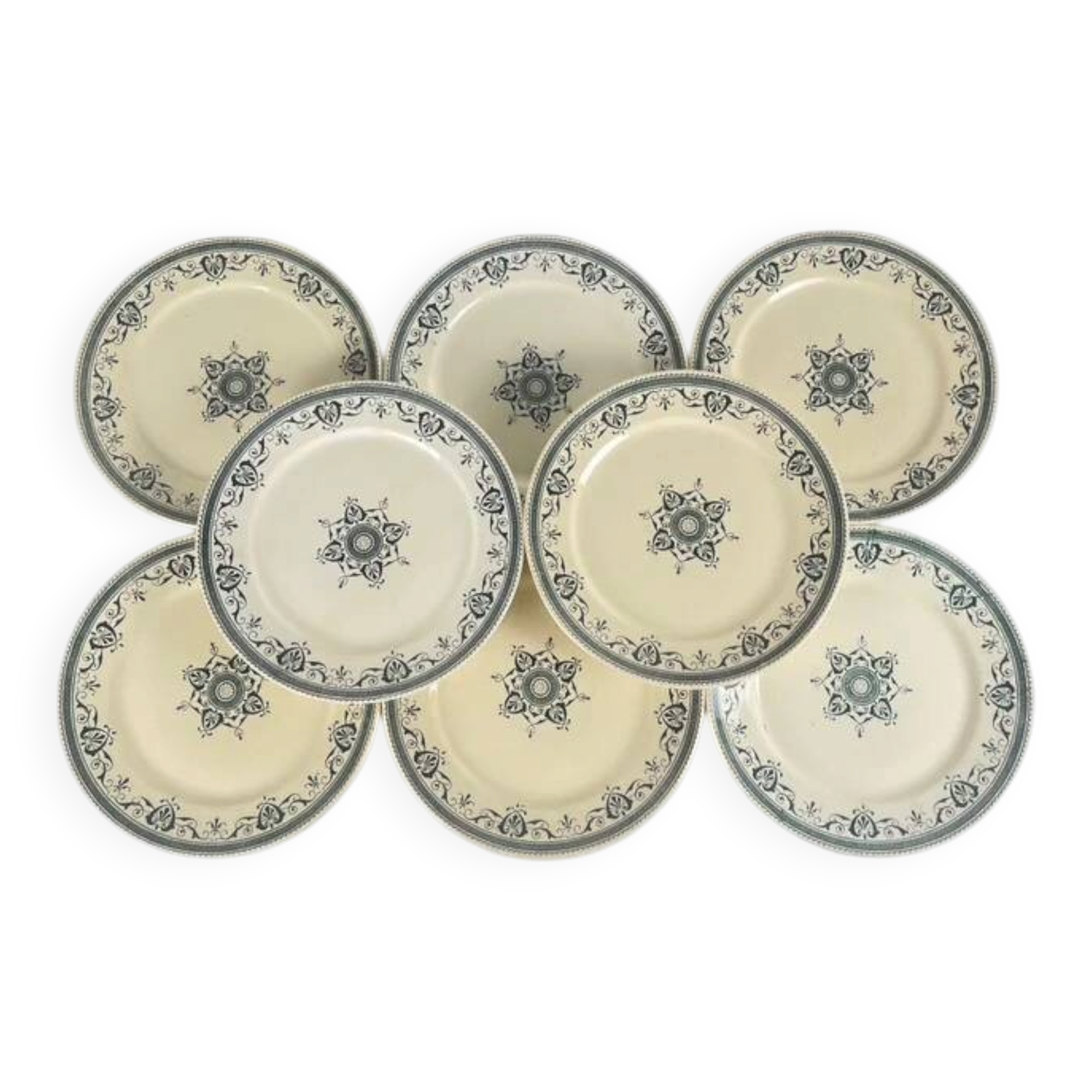 Set of 8 dessert plates in ironstone "Amiral", Creil & Montereau, green-blue, late 19th century.