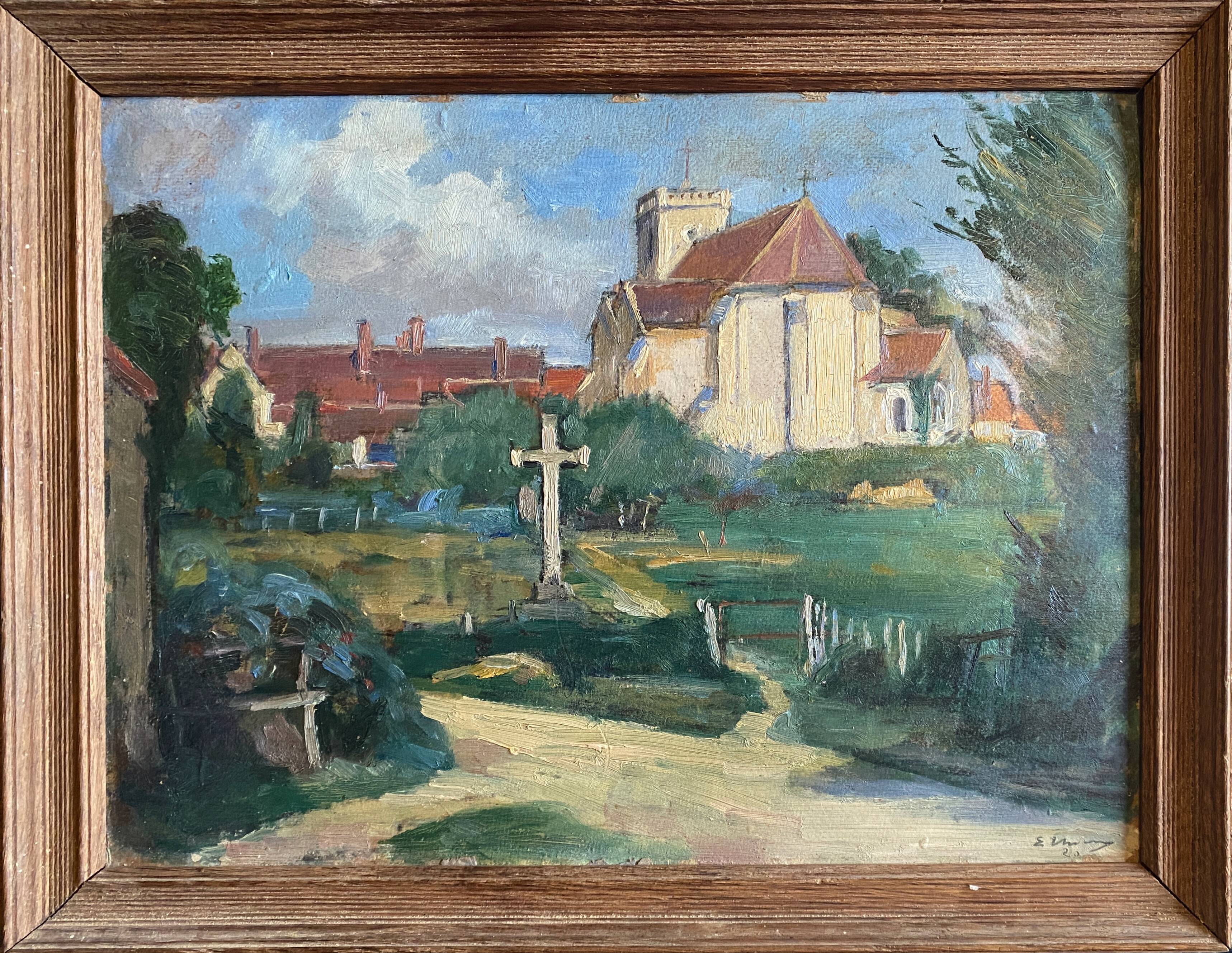 Painting HSP "Village à l'église" Abbey Signed Landscape of the Yonne
