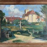 Painting HSP "Village à l'église" Abbey Signed Landscape of the Yonne