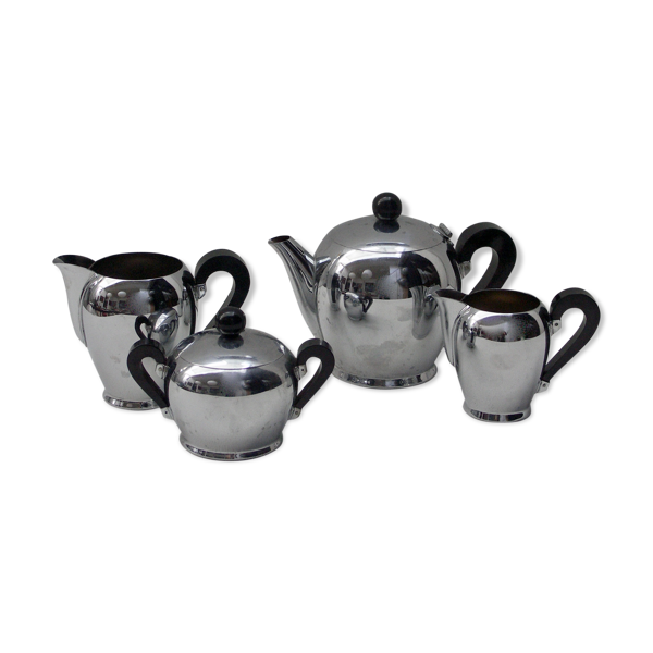 Bombé tea service designed by Carlo Alessi in 1945 for Alfra Italy. Silver  stainless steel and black bakélite | Selency