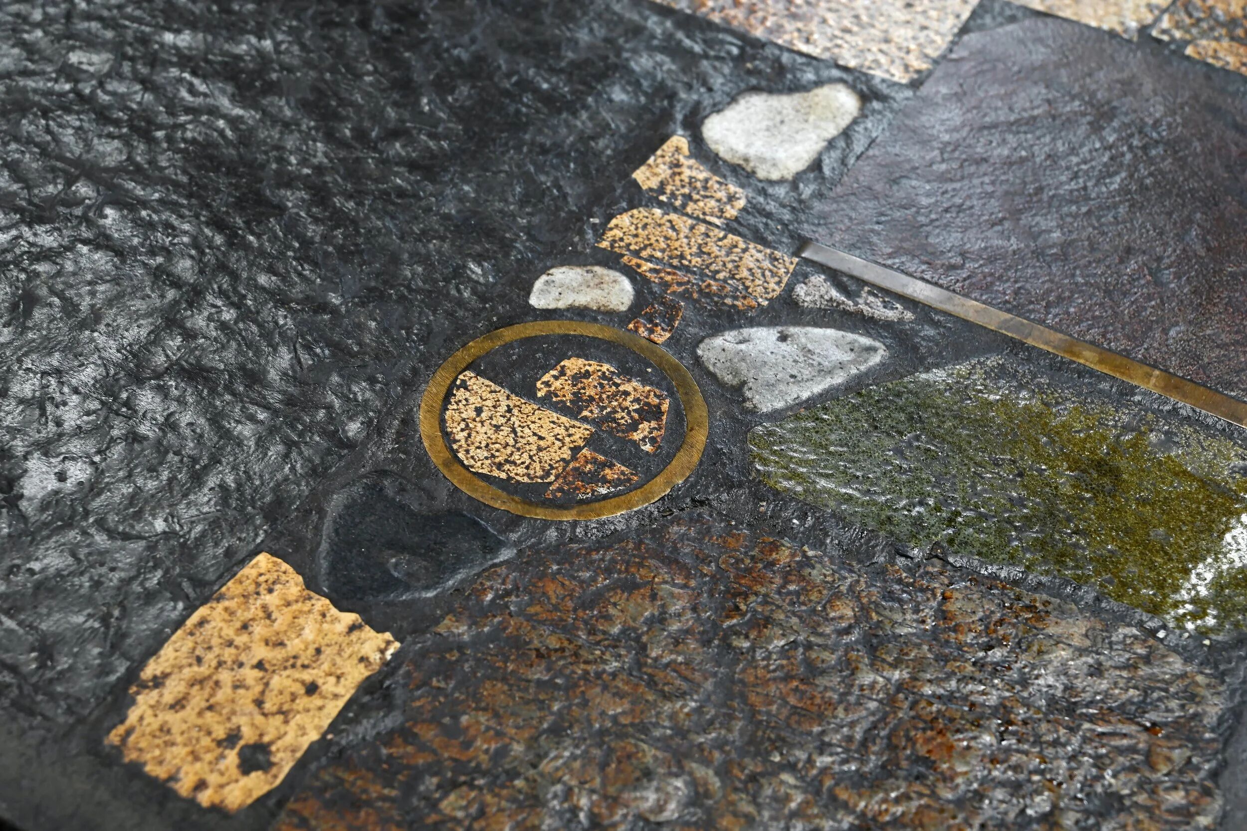 Paul Kingma slate, stone, and brass inlaid coffee table, 1970s