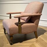Wooden armchair and fabric with red chevron pattern with casters