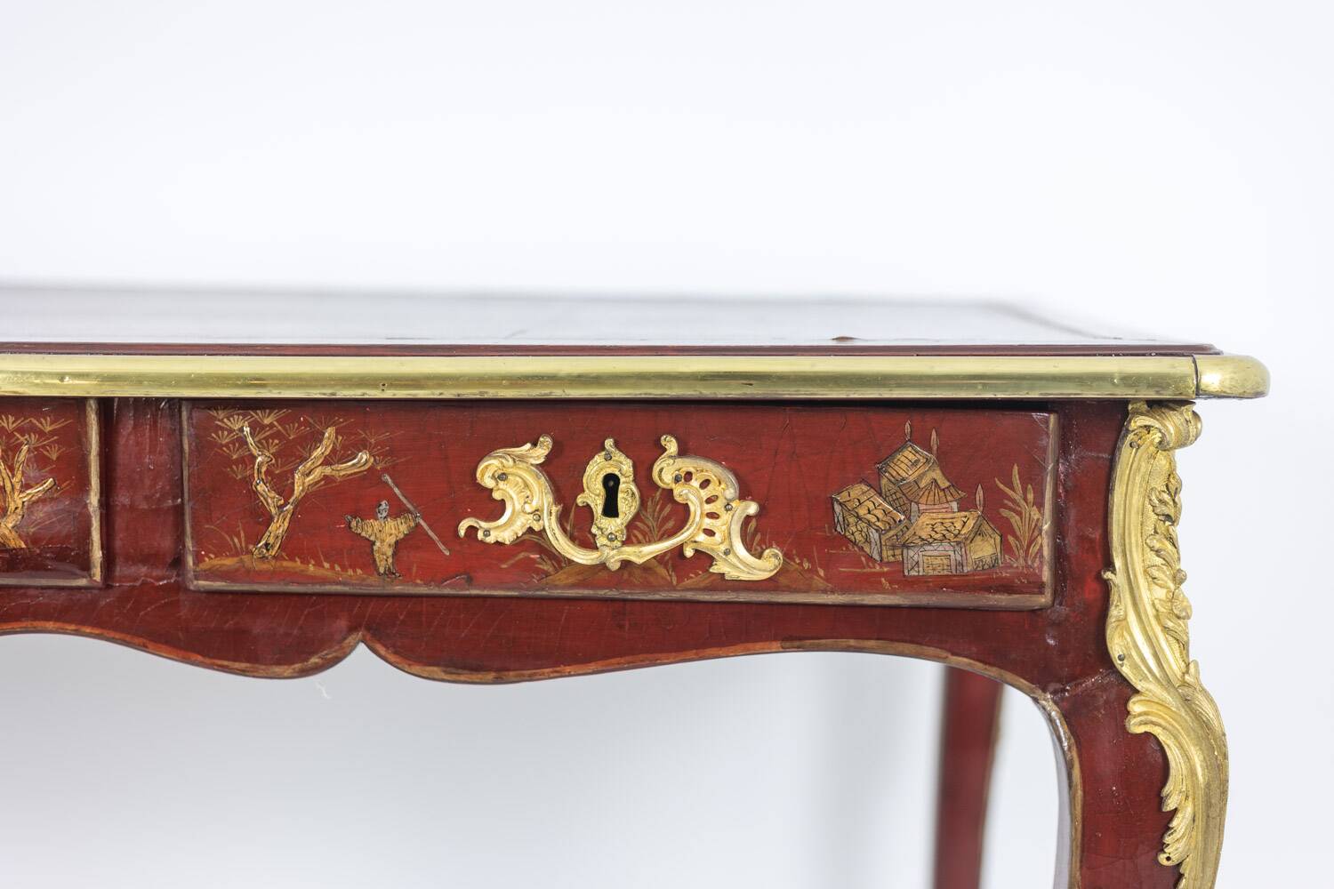 Louis XV style bureau plat with lake scene decoration. Circa 1850.