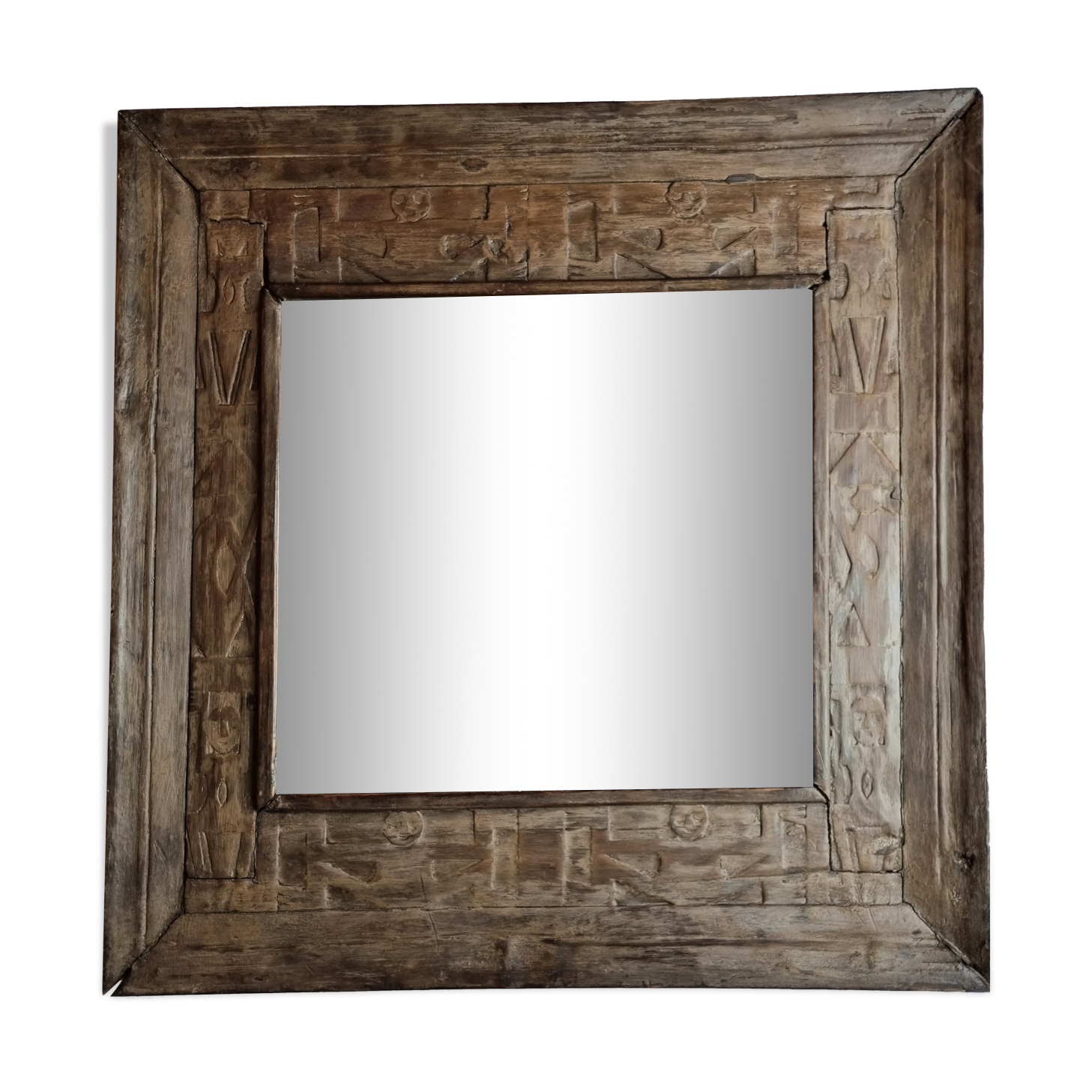 Old ethnic mirror in light wood, 62 cm