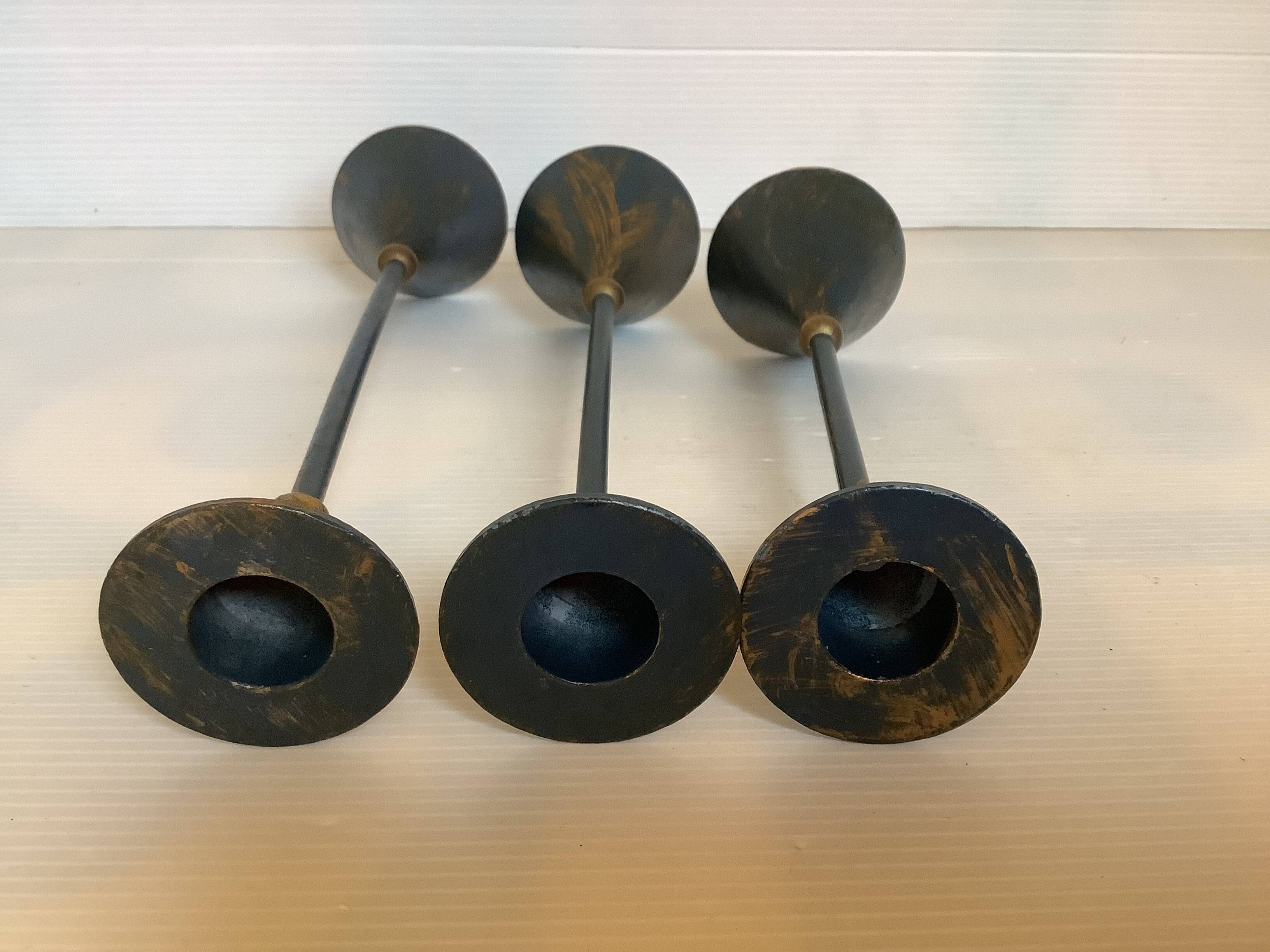 Trio of vintage blue and gold candlesticks