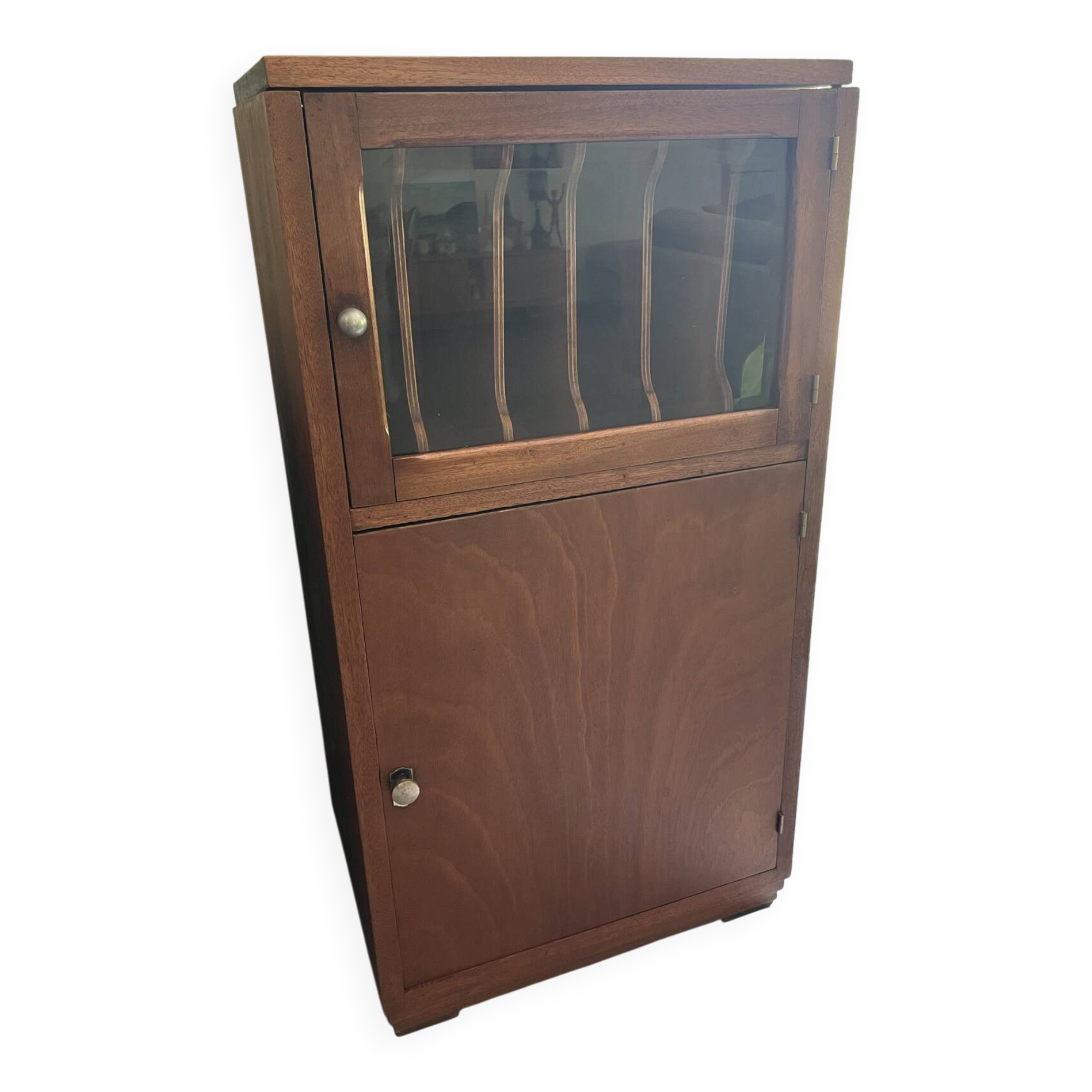 Vintage wooden furniture, vinyl storage, bookshelf, desk.