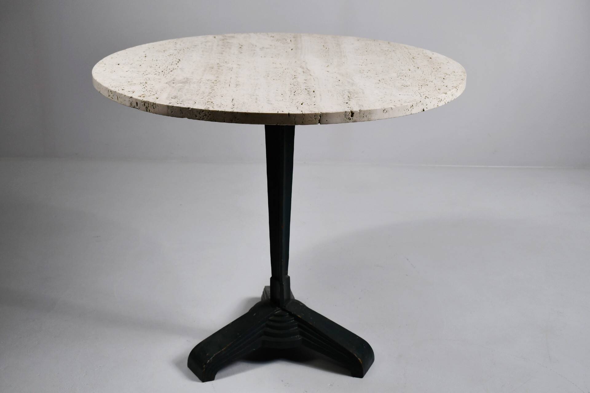 Vintage travertine bistro/dining table, solid metal base. (A)