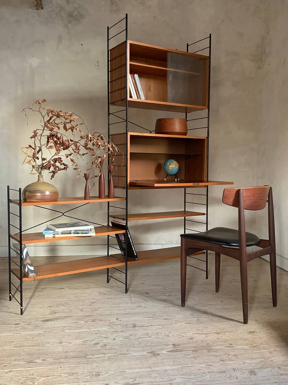 Vintage Scandinavian wire-framed metal and teak secretary bookcase set