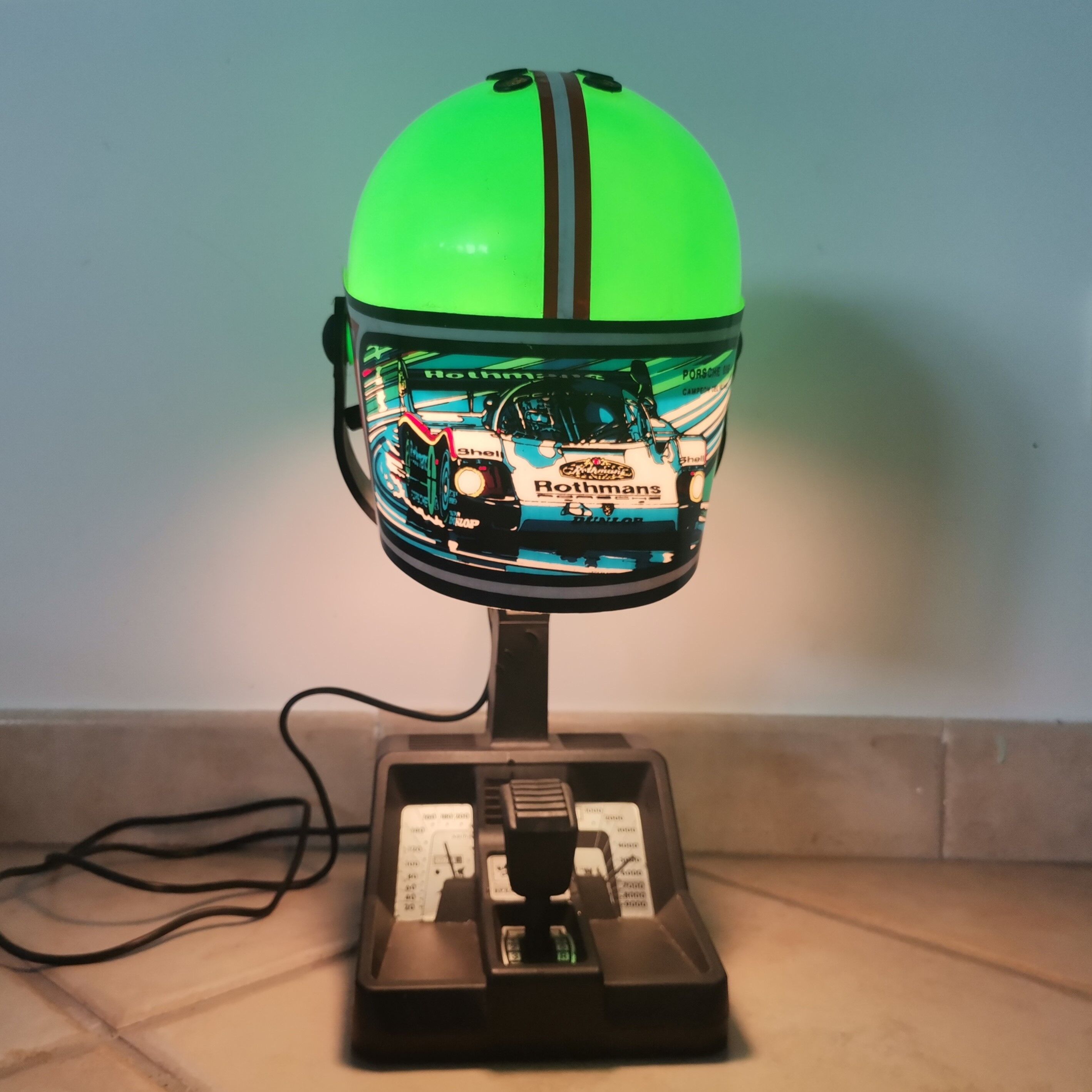 Pop Art green Rothmans Porsche Formula 1 Helmet table lamp by Fase 1970s