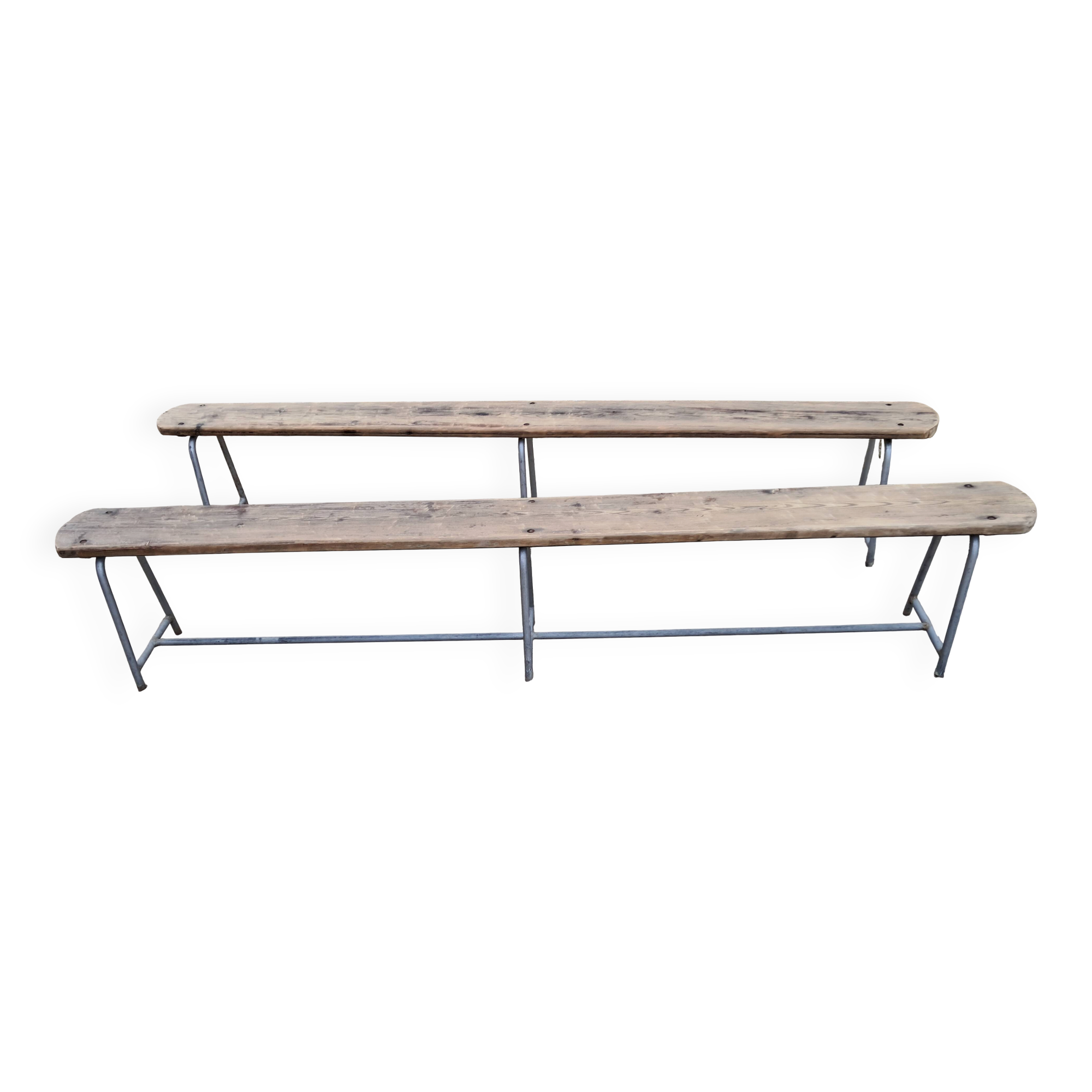 vintage metal and wood bench pair