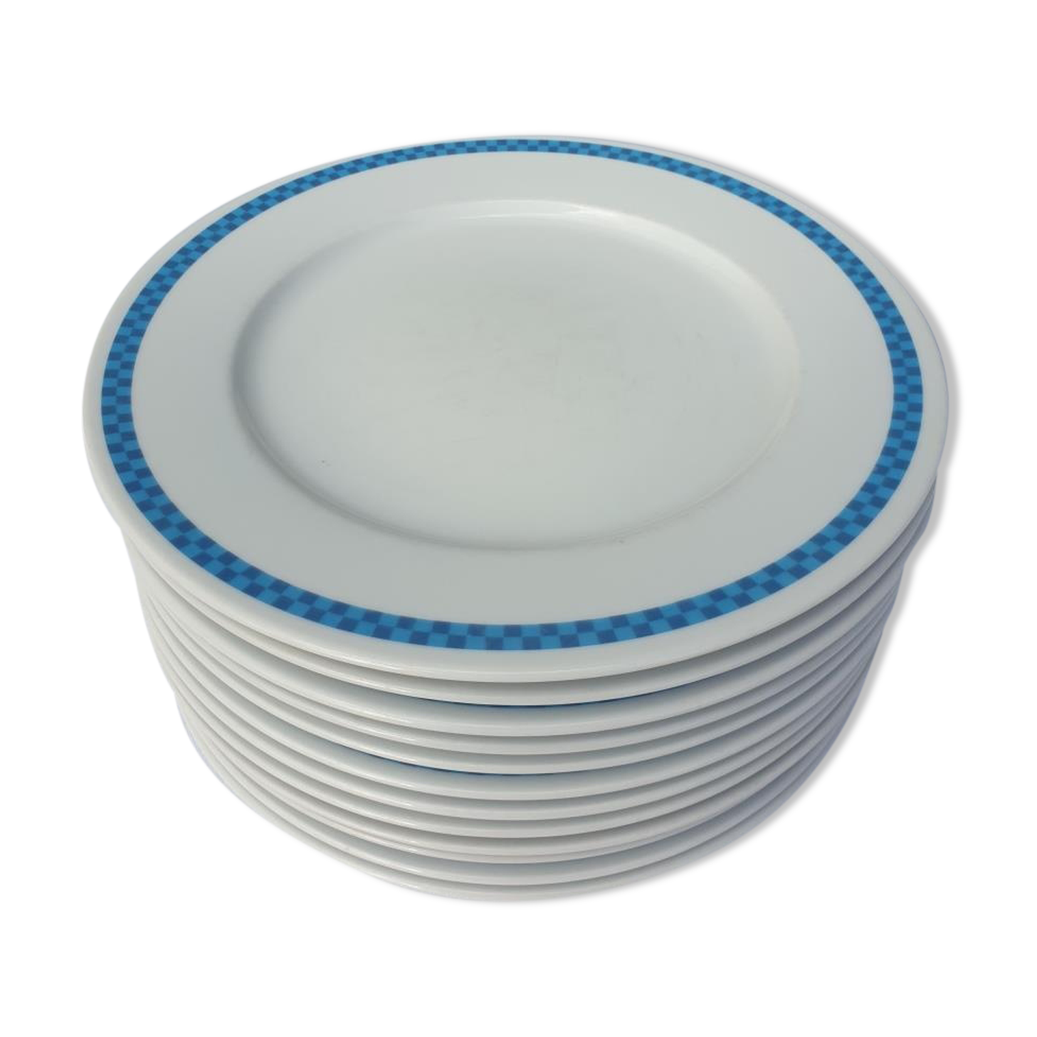 Set 12 plates checkered earthenware blue Lustucru diam25