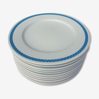 Set 12 assiettes faïence à damiers bleu Lustucru diam25