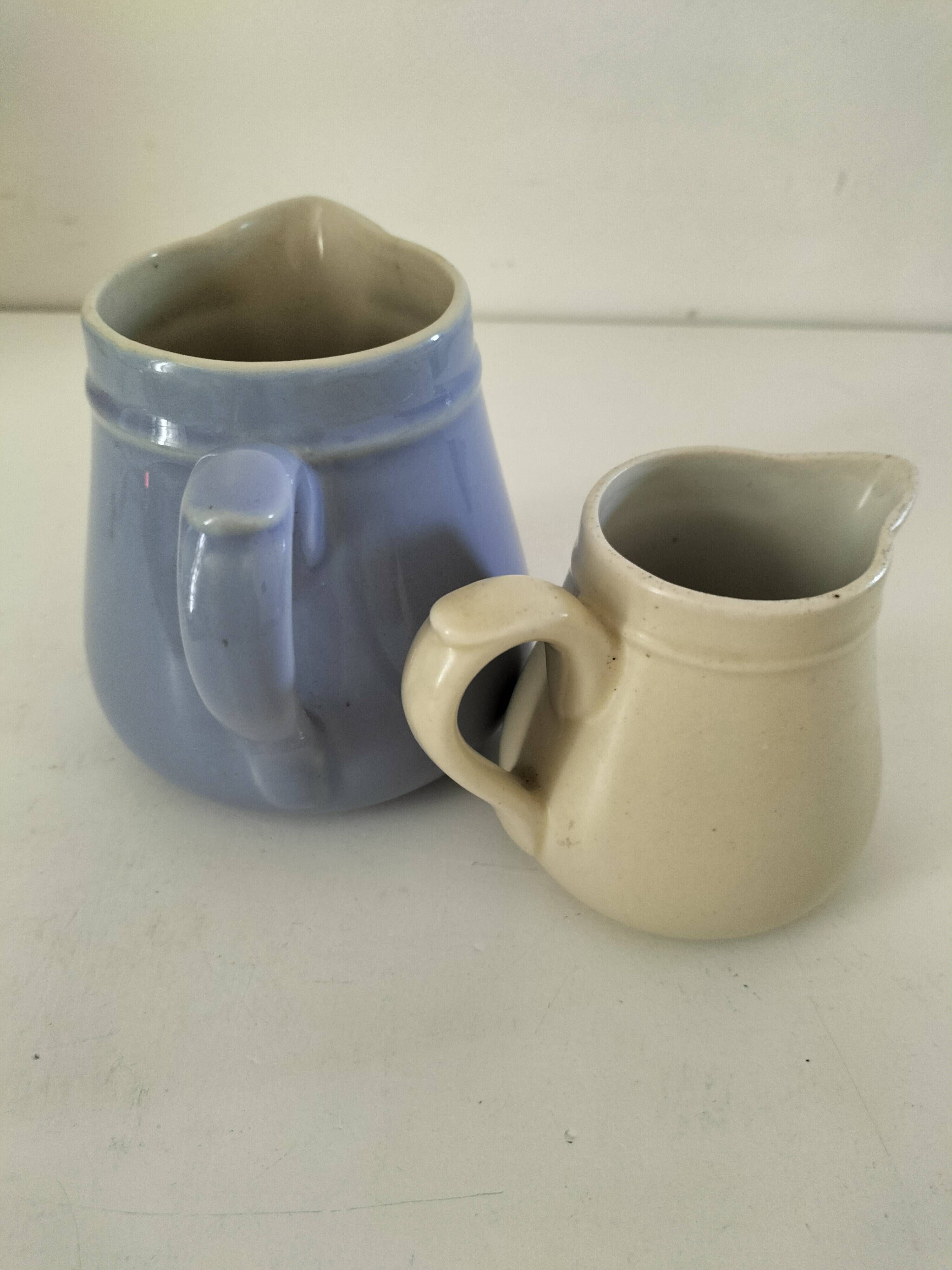 Duo of pastel ceramic milk jugs – Lavender blue & vintage cream