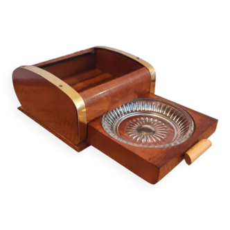 Glass ashtray and original wooden cigarette box from the 50s