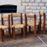 Brutalist chairs in pine and straw, France, 1950s, set of 4