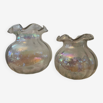 Duo of vintage vases in iridescent glass paste