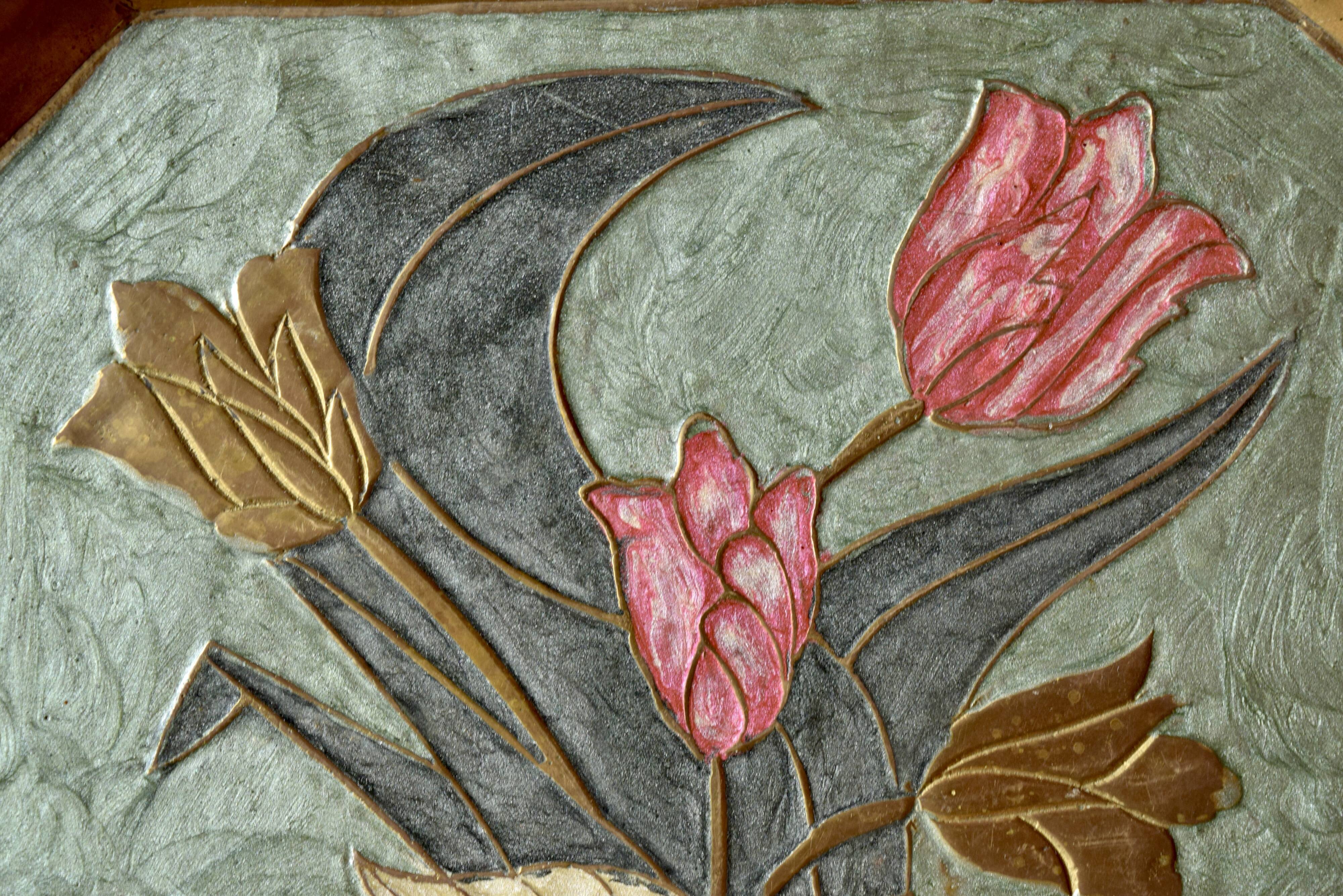 Small vintage brass tray with cloisonné enamel floral decoration - 1960.