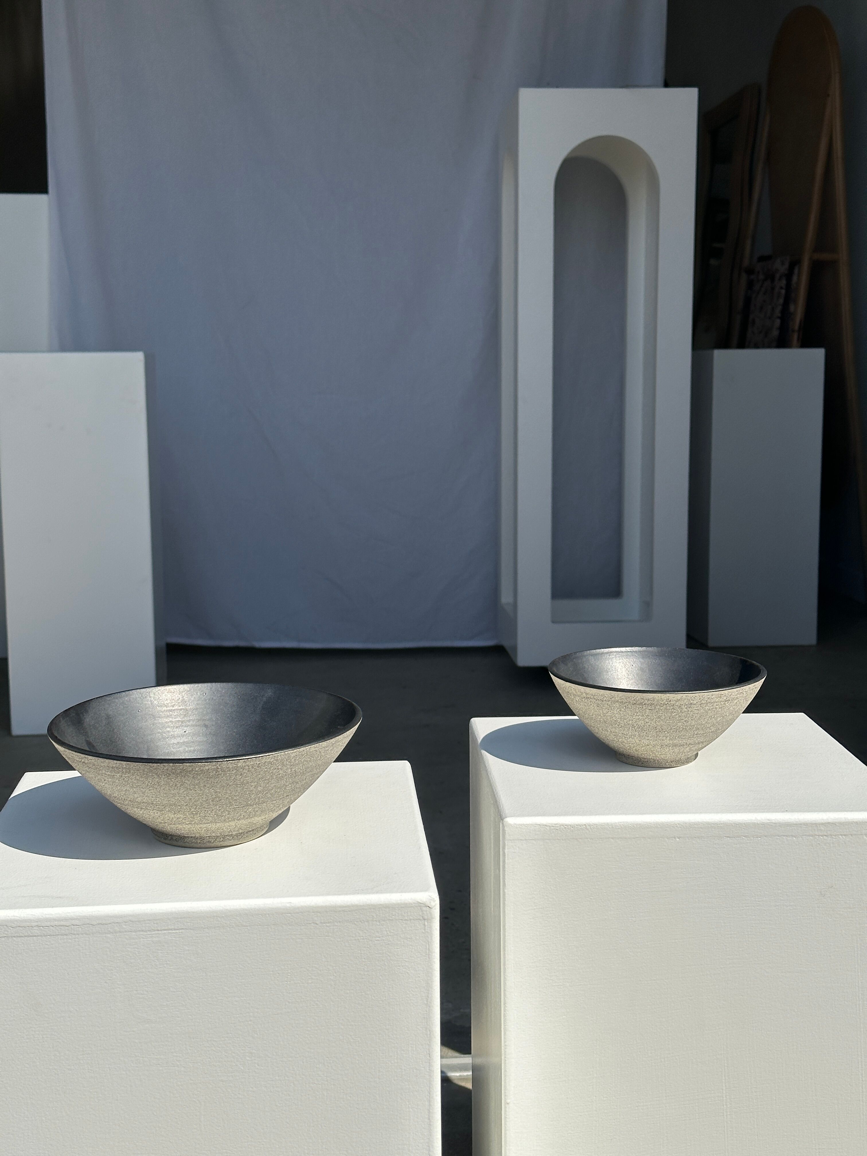 Duo of gray Indonesian ceramic bowls or salad bowls