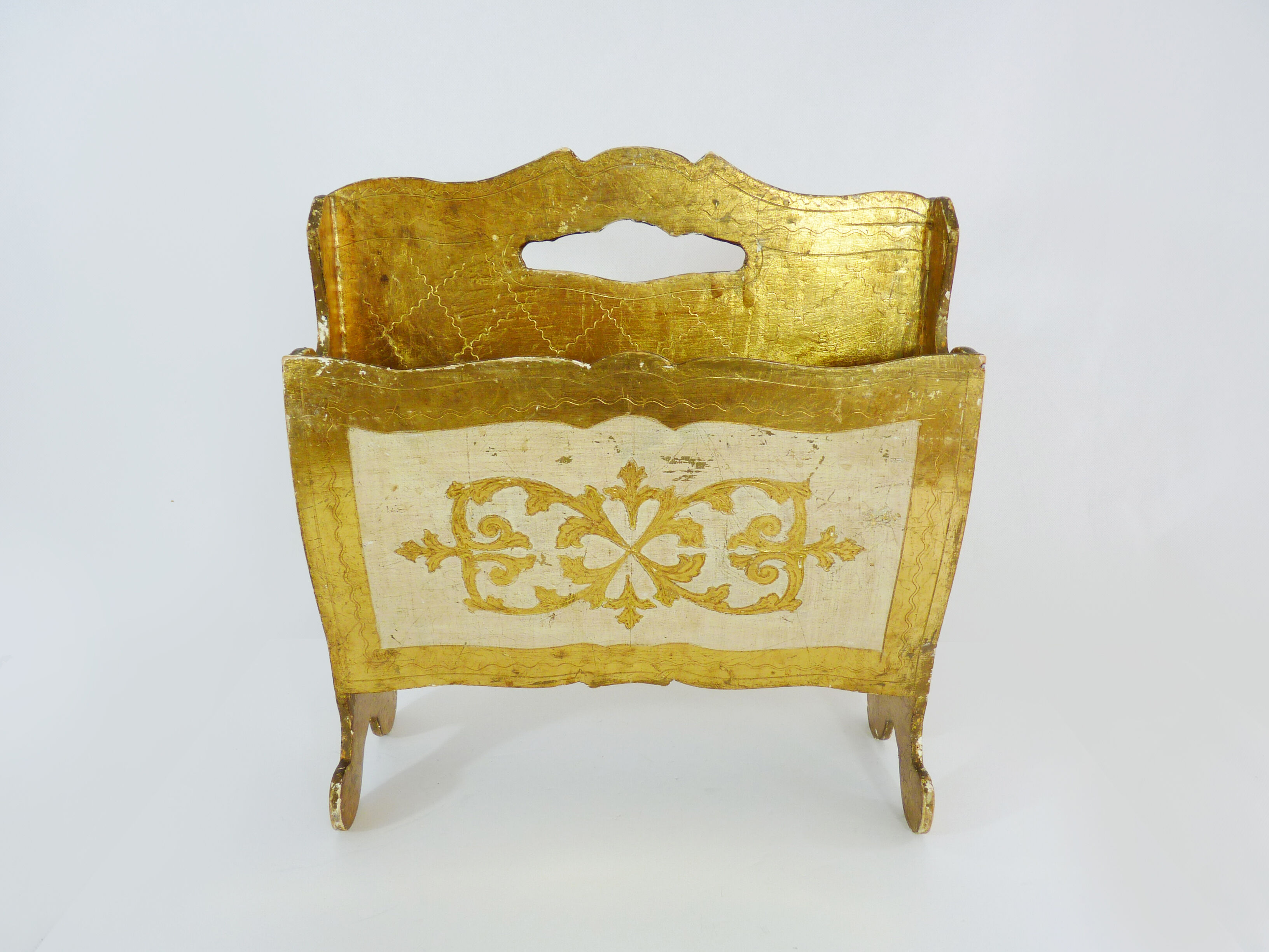 Porte-revues italien florentin en bois or et blanc peint à la main. Année 50