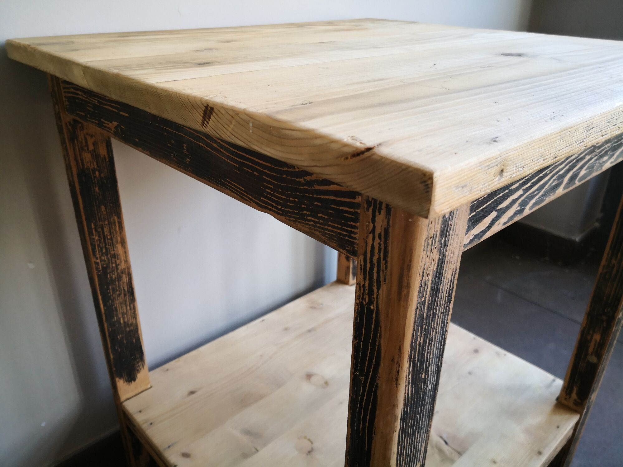 Vintage wooden side table, entrance console, square pedestal table 2 floors.