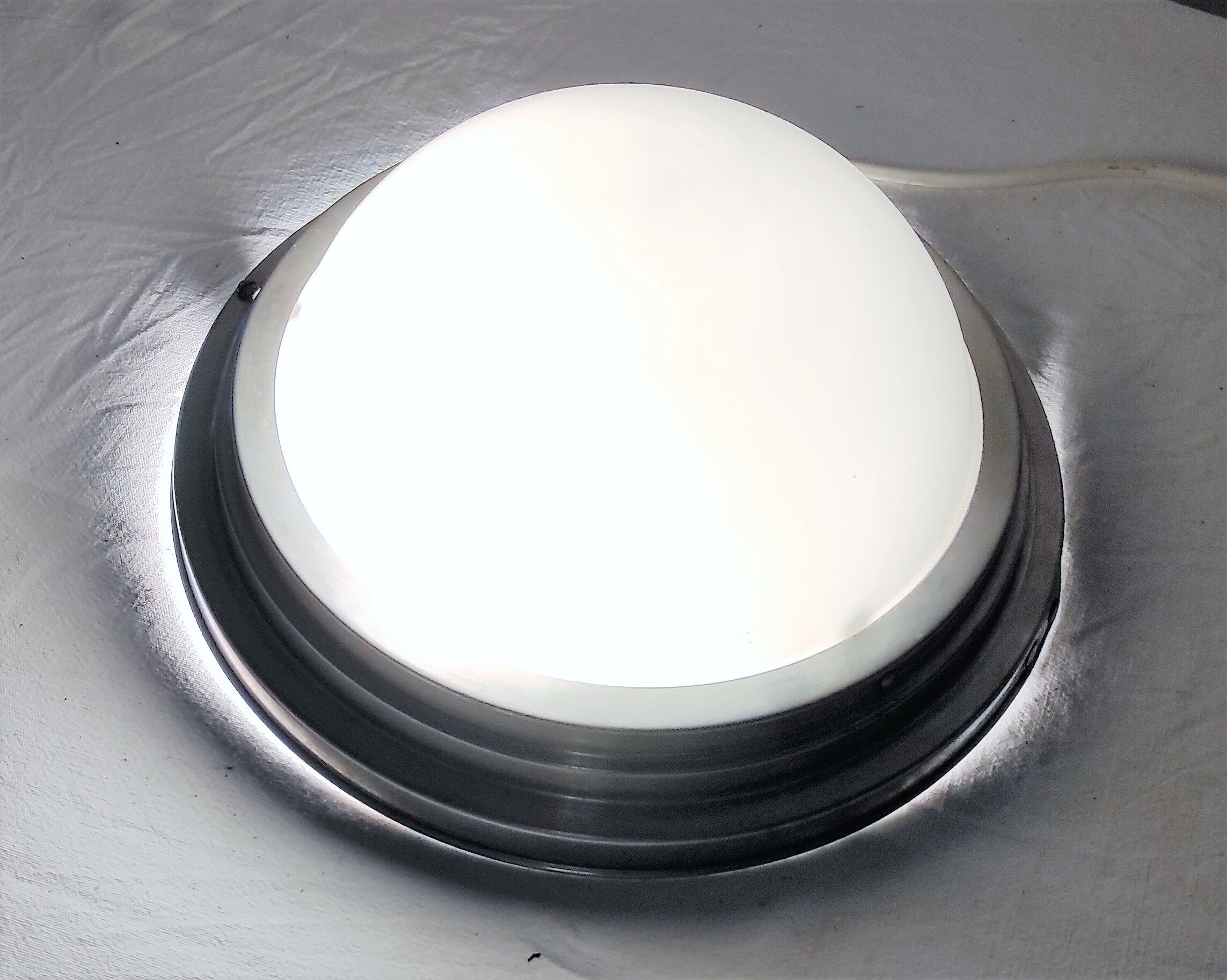 Old ceiling light in aluminum and half sphere in white Opaline around 1930/1940