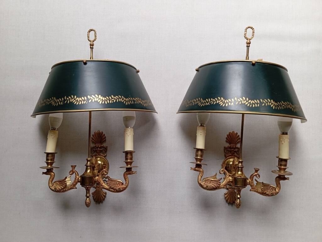 Pair of bronze and sheet metal hot water bottle wall lights