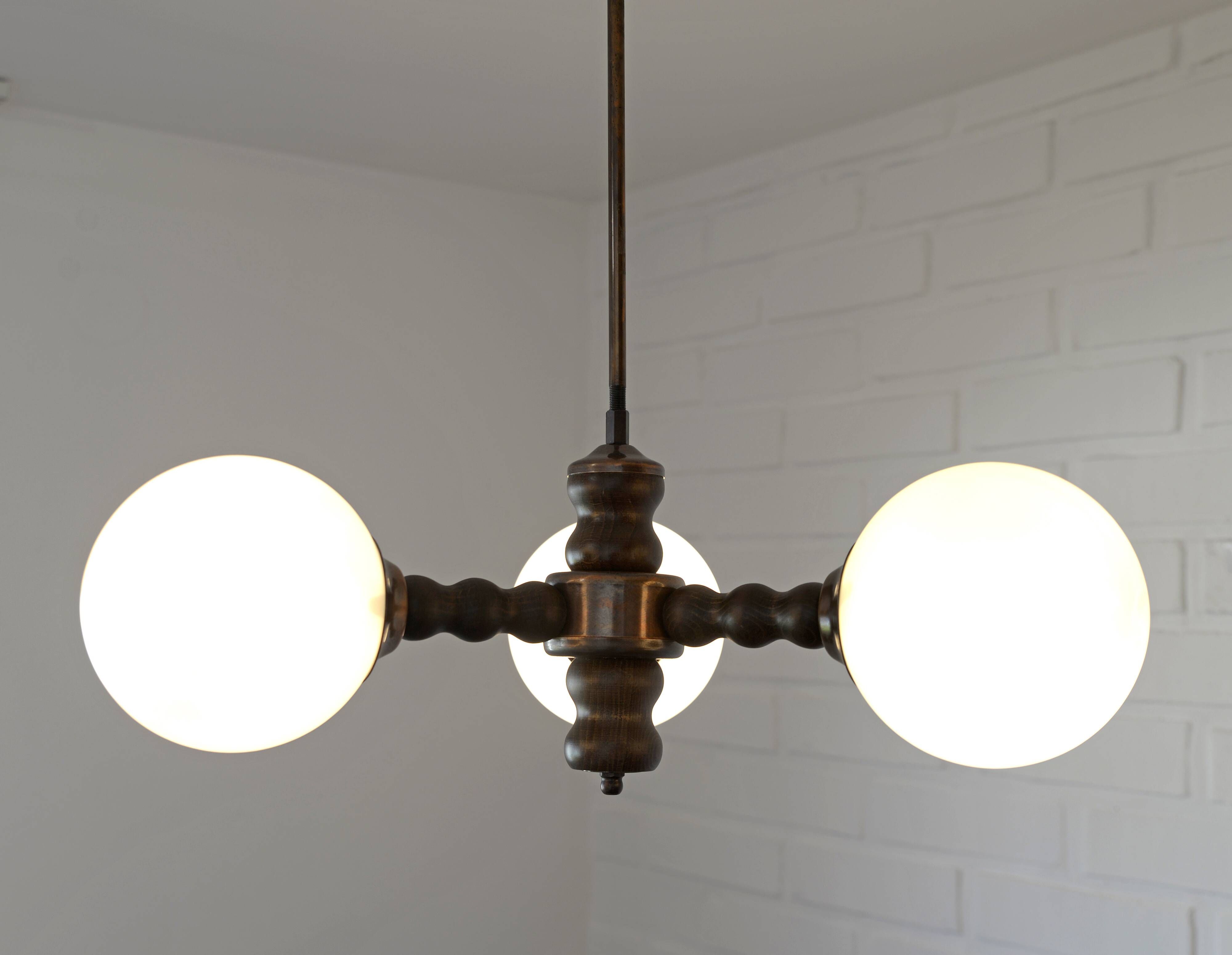 Wooden Sputnik Chandelier Vintage Pendant Lamp Rustic Hanging Light 1970's