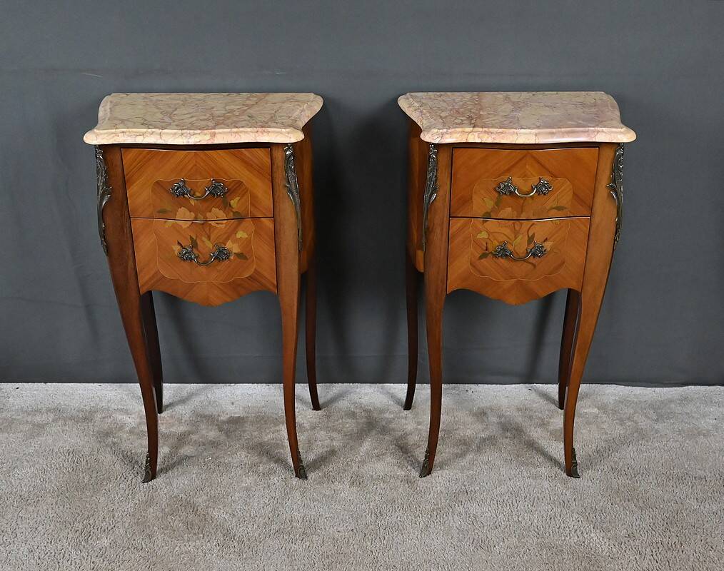 Pair of bedside tables in rosewood marquetry, Louis XV style – 2nd half of the 20th century