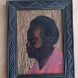 Framed wood portrait signed LH