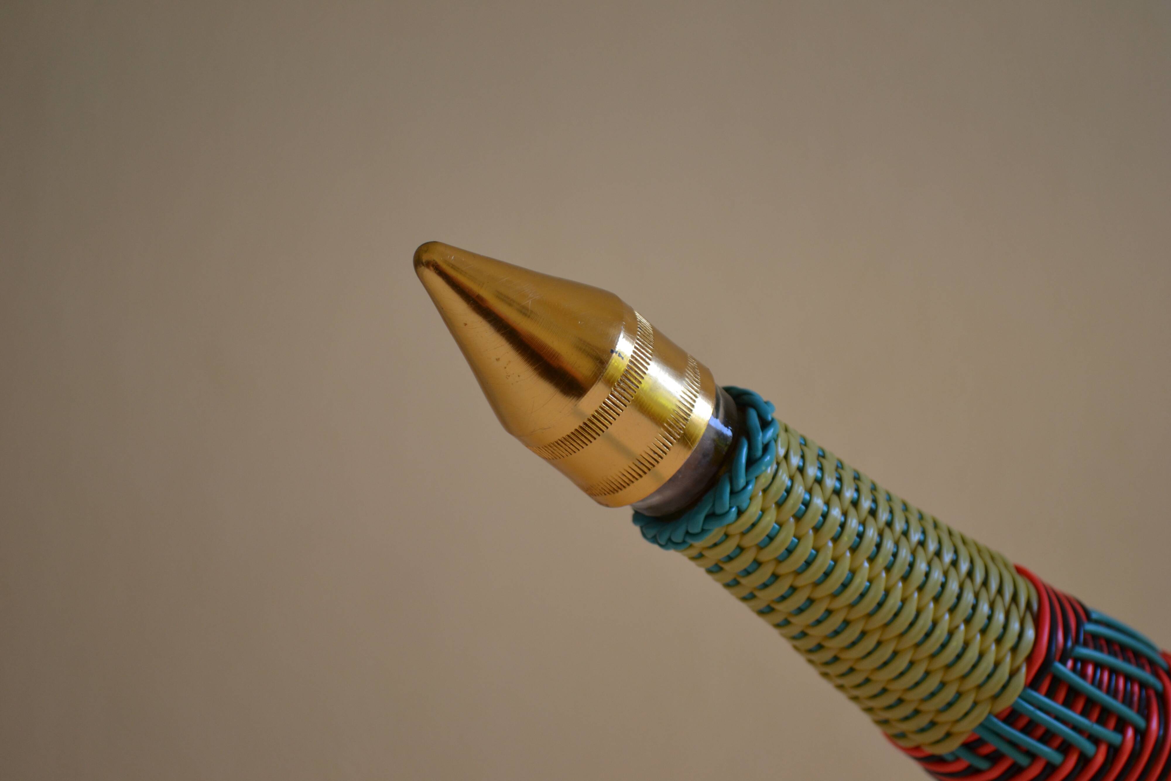 Scoubidou bottle or carafe and its Spoutnik Rocket support Space Age