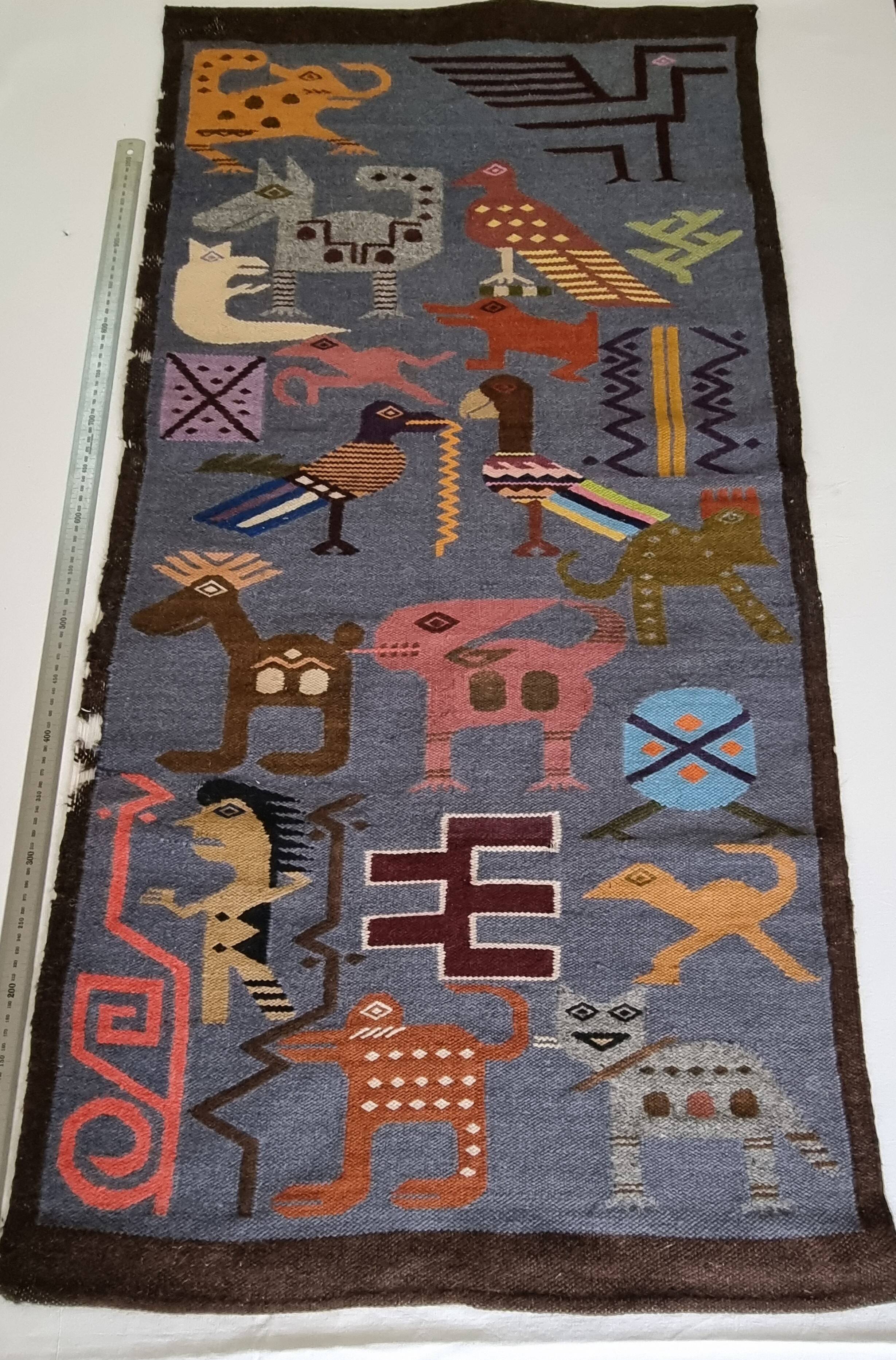 Tapisserie murale péruvienne tissée main, motifs zoomorphes, 120 x 60 cm