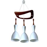 Large Scandinavian Pendant Light, Teak Wood and Glass