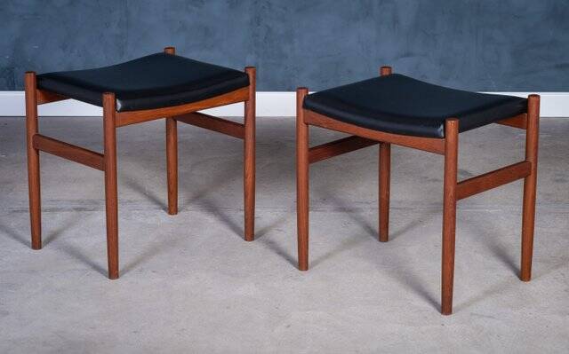 Teak Stools with Black Leather Tops by Spøttrup Møbelfabrik, 1960s, Set of 2