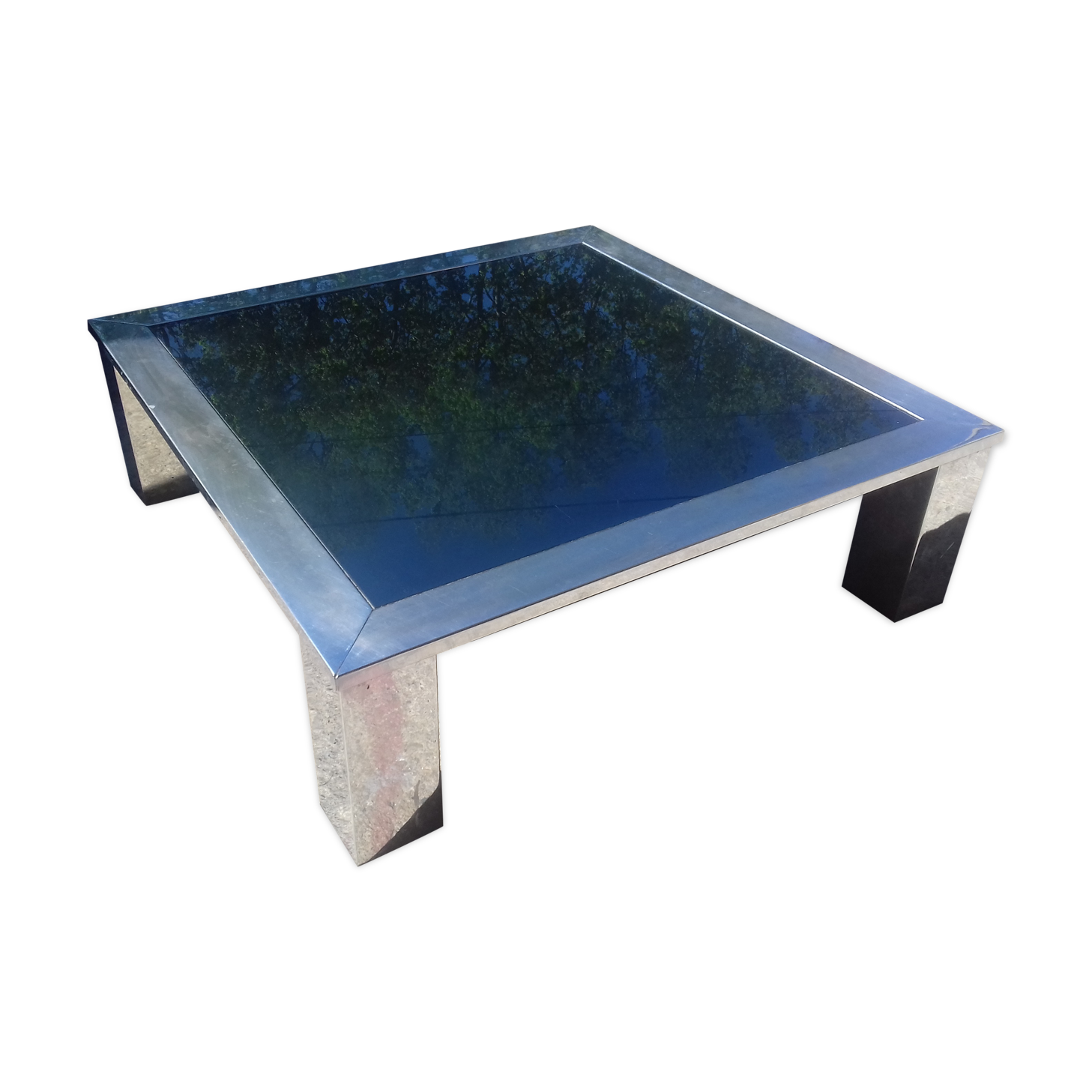 Table basse carré en acier chromé et miroir bleuté vers 1970