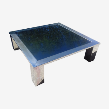 Table basse carré en acier chromé et miroir bleuté vers 1970