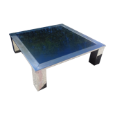 Table basse carré en acier chromé et miroir bleuté vers 1970