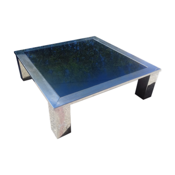 Table basse carré en acier chromé et miroir bleuté vers 1970