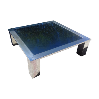 Table basse carré en acier chromé et miroir bleuté vers 1970