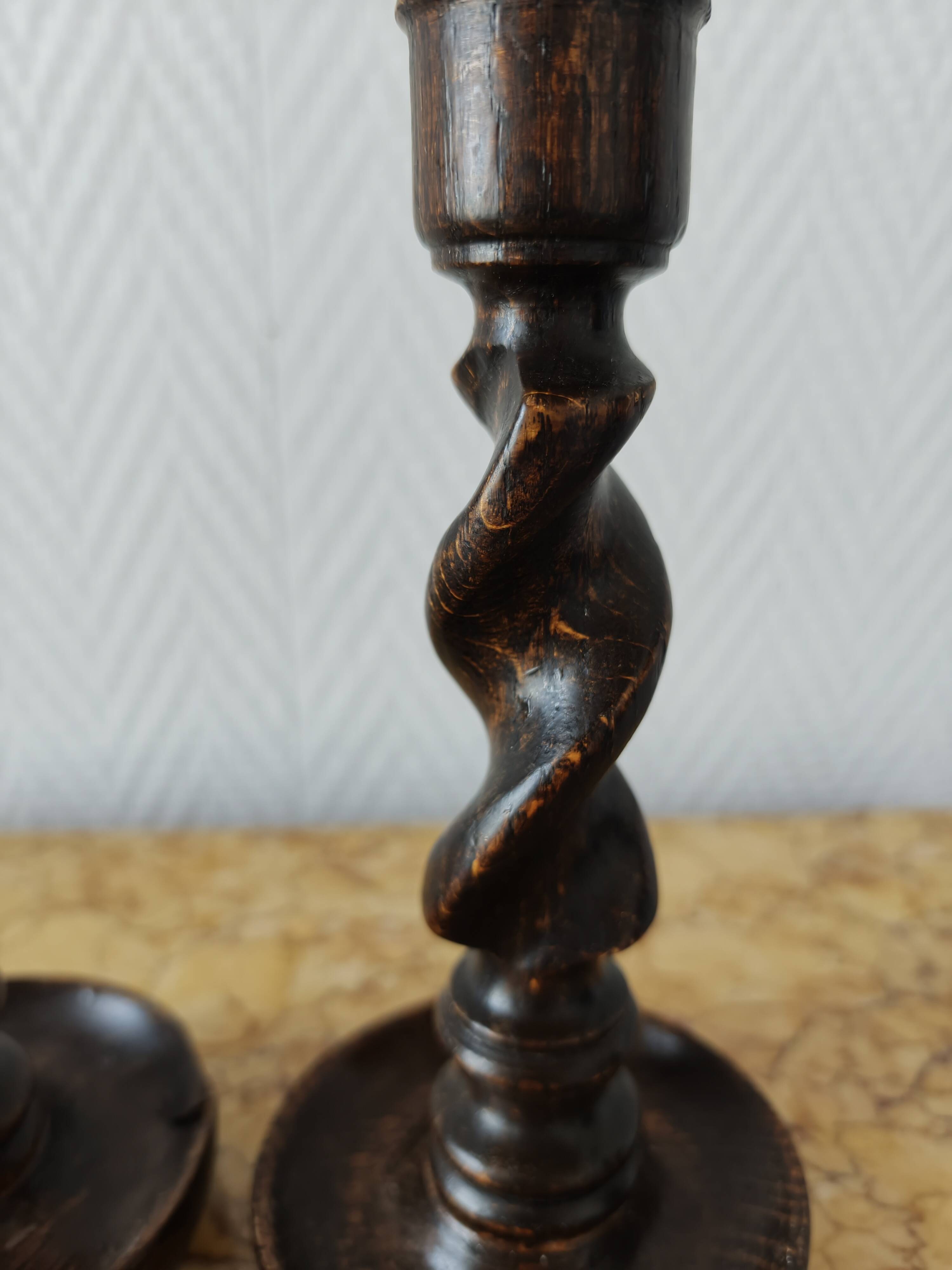 Pair of twisted wood candlesticks (Barley twist)