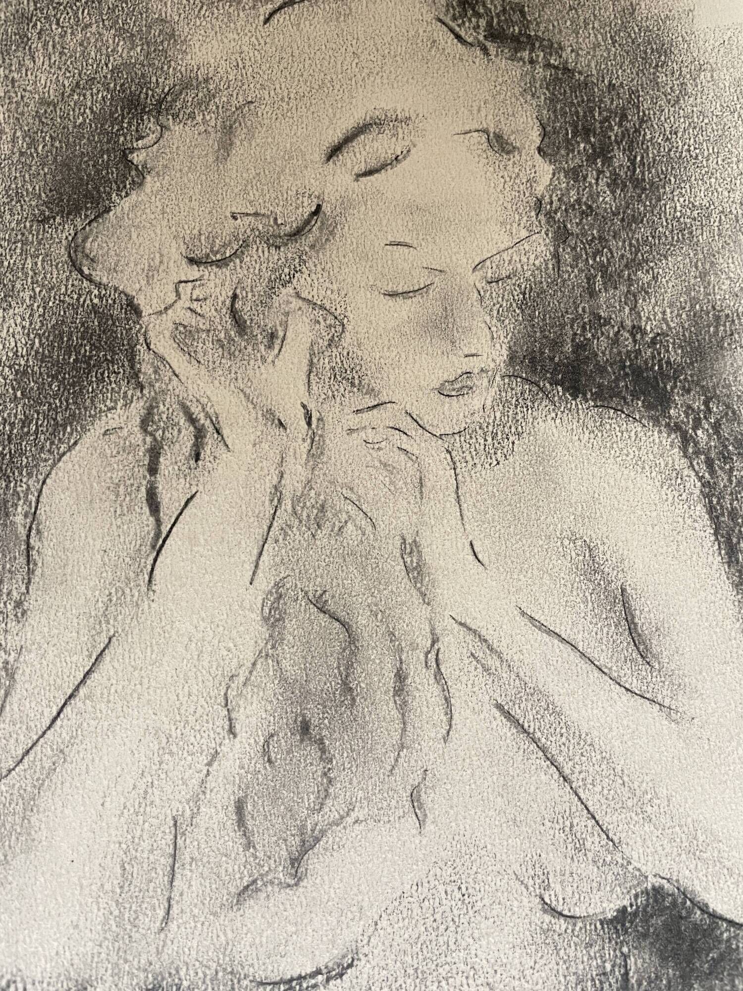 Charcoal painting signed portrait of woman combing her hair