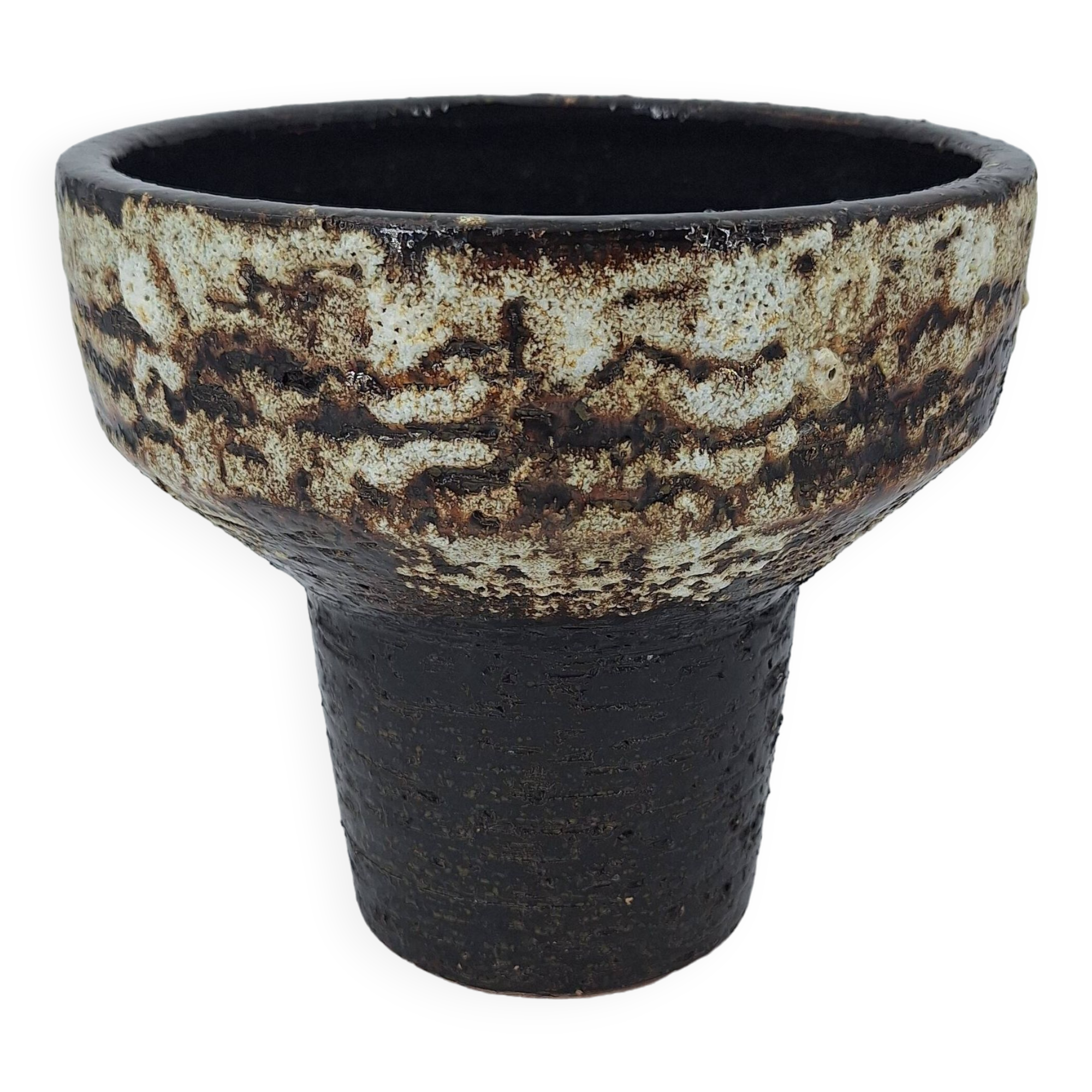 Modernist brutalist standing vase chamotte stoneware shaded brown, ocher, ivory Scandinavian design 1970