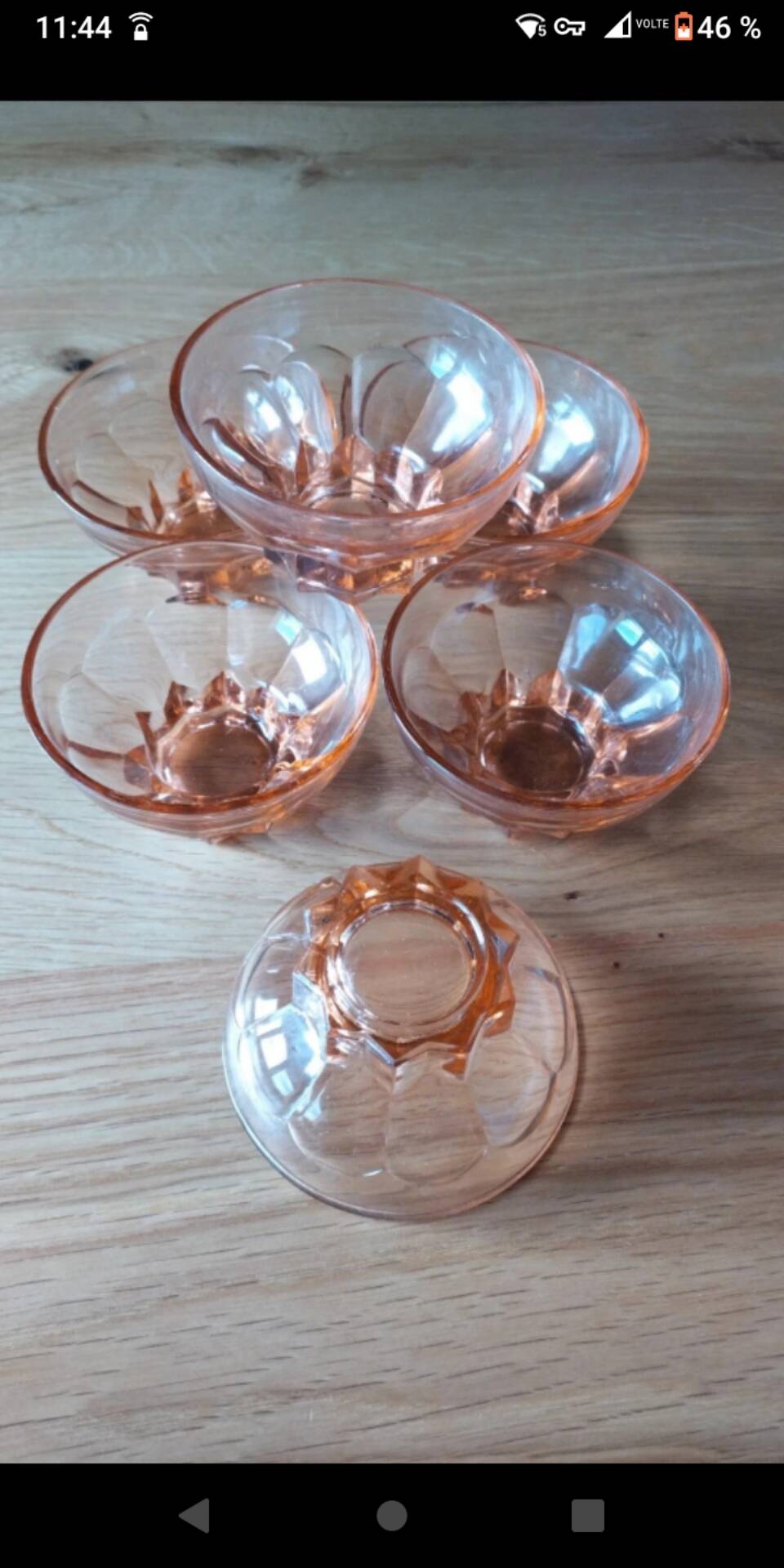 6 small vintage pink glass dessert bowls.